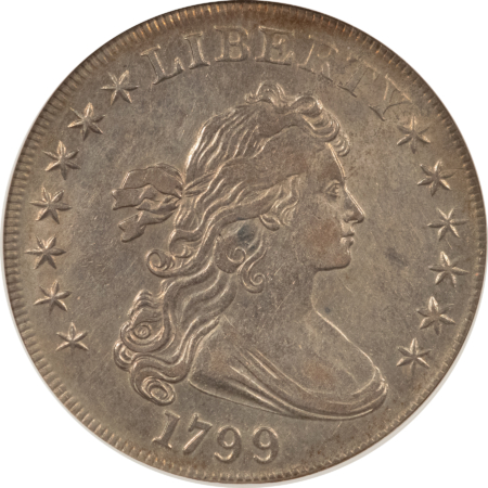 Early Dollars 1799 $1 DRAPED BUST DOLLAR – ANACS AU-50, 7X6 STARS, OLD WHITE HOLDER!