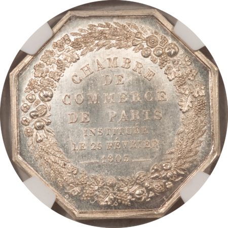 Exonumia 1803 DATED FRANCE JETON, GAD-91-822 SILVER, PARIS CHAMBER OF COMMERCE NGC MS-64