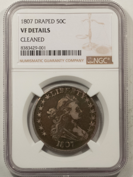 Early Halves 1807 DRAPED BUST HALF DOLLAR NGC VF DETAILS CLEANED, OLD ORIGINAL PRETTY TONING!