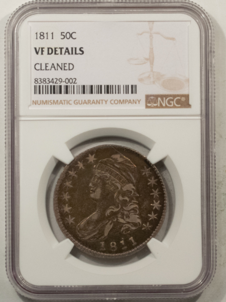 Early Halves 1811 CAPPED BUST HALF DOLLAR, SMALL 8 NGC VF DETAILS CLEANED, PRETTY OLD TONING!