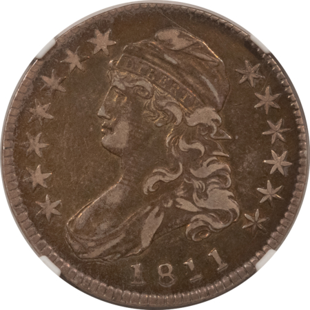 Early Halves 1811 CAPPED BUST HALF DOLLAR, SMALL 8 NGC VF DETAILS CLEANED, PRETTY OLD TONING!