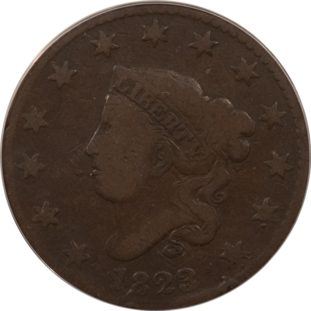 Coronet Head Large Cents 1823/2 CORONET HEAD LARGE CENT, N-1 – ANACS VG-8, TOUGH VARIETY!