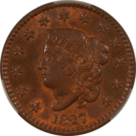 Coronet Head Large Cents 1827 CORONET HEAD LARGE CENT – CACG MS-62 RB, RARE & UNHEARD OF WITH RED! POP 1!