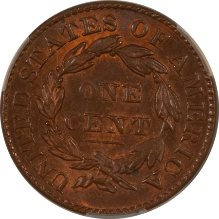 Coronet Head Large Cents 1827 CORONET HEAD LARGE CENT – CACG MS-62 RB, RARE & UNHEARD OF WITH RED! POP 1!