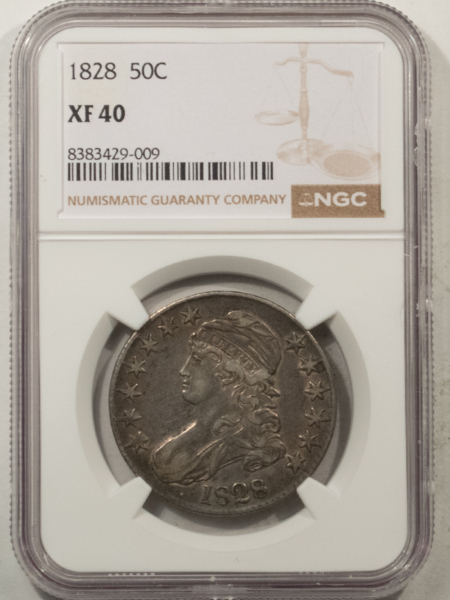 Early Halves 1828 CAPPED BUST HALF DOLLAR – NGC XF-40, CURL BASE 2, NO KNOB!