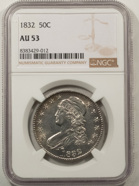 Early Halves 1832 CAPPED BUST HALF DOLLAR – NGC AU-53, VERY FLASHY & LOOKS BETTER!