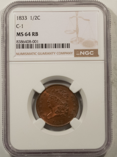 Classic Head Half Cents 1833 CLASSIC HEAD HALF CENT, C-1 – NGC MS-64 RB, LOTS OF LUSTER & TOUGH!