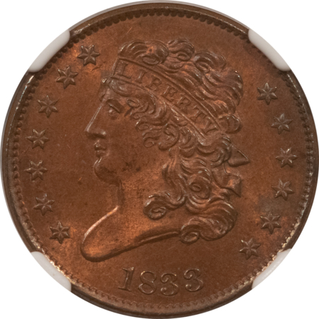 Classic Head Half Cents 1833 CLASSIC HEAD HALF CENT, C-1 – NGC MS-64 RB, LOTS OF LUSTER & TOUGH!