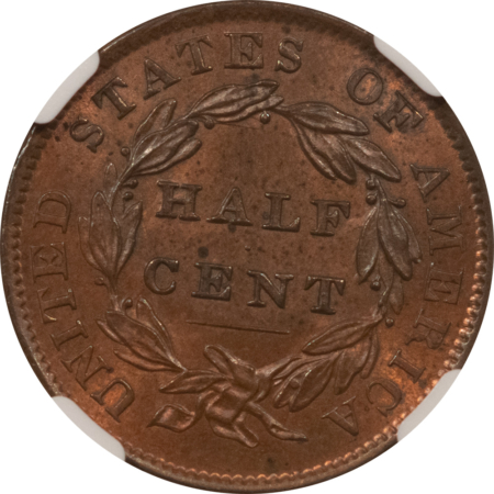 Classic Head Half Cents 1833 CLASSIC HEAD HALF CENT, C-1 – NGC MS-64 RB, LOTS OF LUSTER & TOUGH!