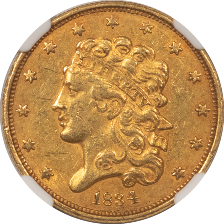 $5 1834 $5 CLASSIC GOLD, PLAIN 4, NGC AU-55, POPULAR EARLY GOLD COIN!