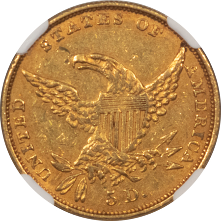 $5 1834 $5 CLASSIC GOLD, PLAIN 4, NGC AU-55, POPULAR EARLY GOLD COIN!