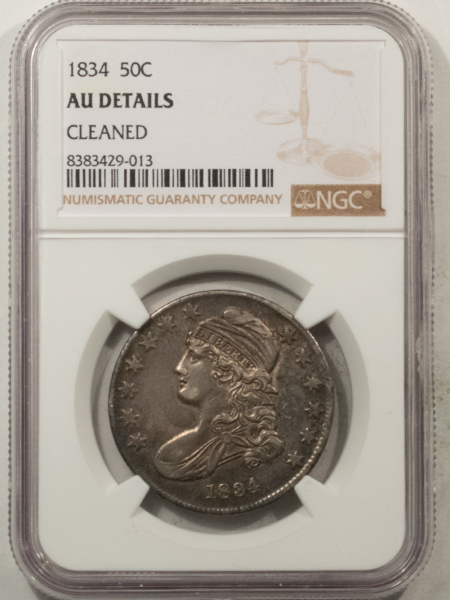Early Halves 1834 CAPPED BUST HALF DOLLAR – NGC AU DETAILS, CLEANED SMALL DATE SMALL LETTERS!