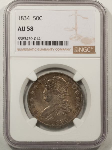 Early Halves 1834 CAPPED BUST HALF DOLLAR – NGC AU-58, ORIGINAL