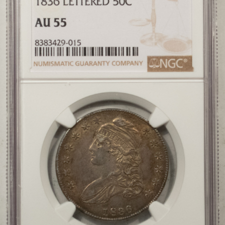 Early Halves 1836 LETTERED CAPPED BUST HALF DOLLAR – NGC AU-55, ORIGINAL