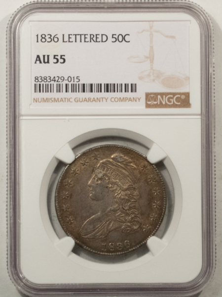 Early Halves 1836 LETTERED CAPPED BUST HALF DOLLAR – NGC AU-55, ORIGINAL