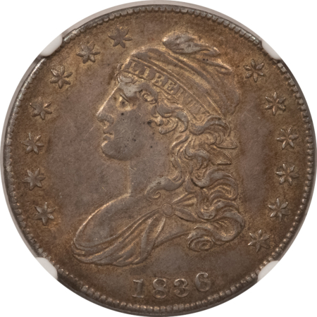 Early Halves 1836 LETTERED CAPPED BUST HALF DOLLAR – NGC AU-55, ORIGINAL