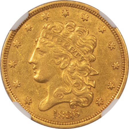 $5 1836 $5 CLASSIC HEAD GOLD – NGC AU-53, POPULAR EARLY GOLD COIN!