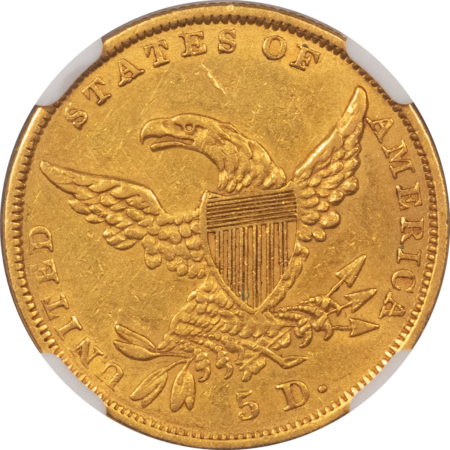 $5 1836 $5 CLASSIC HEAD GOLD – NGC AU-53, POPULAR EARLY GOLD COIN!