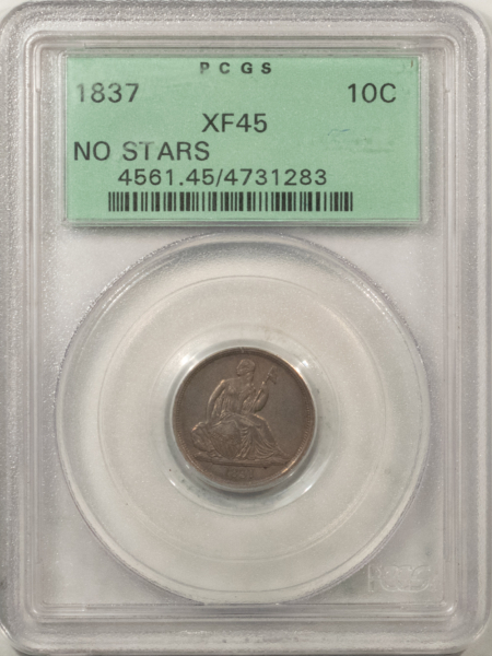 Liberty Seated Dimes 1837 SEATED LIBERTY DIME, NO STARS – PCGS XF-45, OLD GREEN HOLDER, PRETTY & PQ!