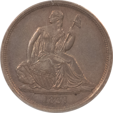 Liberty Seated Dimes 1837 SEATED LIBERTY DIME, NO STARS – PCGS XF-45, OLD GREEN HOLDER, PRETTY & PQ!
