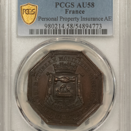 Exonumia FRANCE JETON 1837 PERSONAL PROPERTY INSURANCE AE 35mm BRONZE OCTAG., PCGS AU-58