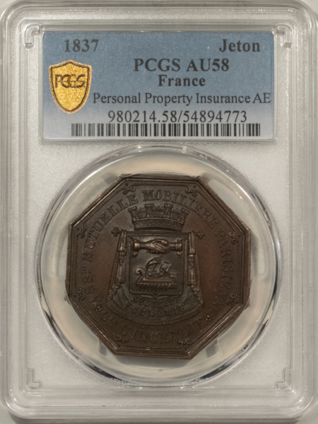 Exonumia FRANCE JETON 1837 PERSONAL PROPERTY INSURANCE AE 35mm BRONZE OCTAG., PCGS AU-58