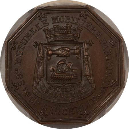 Exonumia FRANCE JETON 1837 PERSONAL PROPERTY INSURANCE AE 35mm BRONZE OCTAG., PCGS AU-58