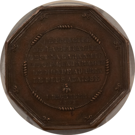 Exonumia FRANCE JETON 1837 PERSONAL PROPERTY INSURANCE AE 35mm BRONZE OCTAG., PCGS AU-58