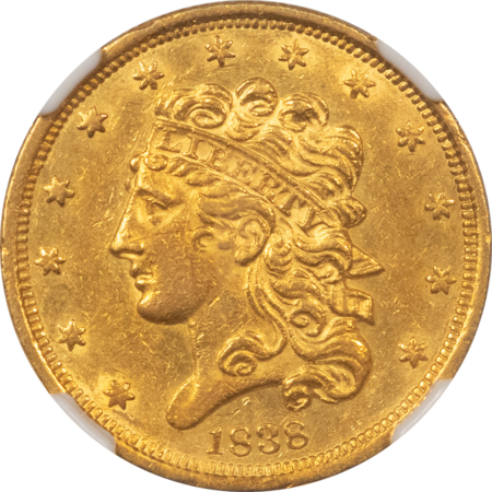$5 1838 $5 CLASSIC GOLD, NGC AU-58, POPULAR EARLY GOLD COIN-FINAL YEAR OF THE TYPE!
