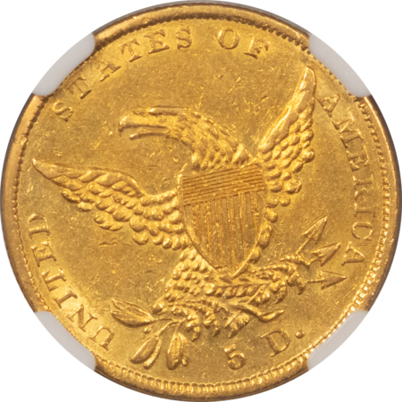 $5 1838 $5 CLASSIC GOLD, NGC AU-58, POPULAR EARLY GOLD COIN-FINAL YEAR OF THE TYPE!