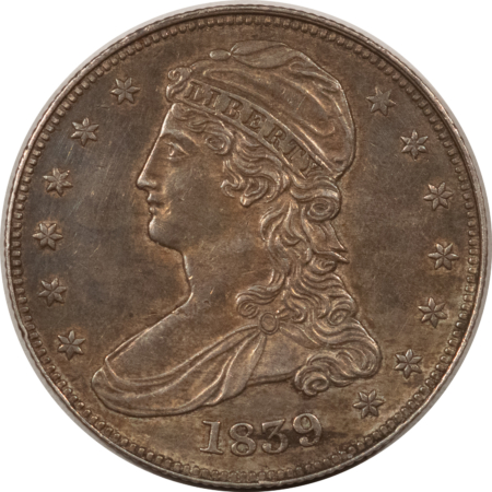 Early Halves 1839 CAPPED BUST HALF DOLLAR – AU+ W/ ORIGINAL TONING BUT OLD CLEANING!