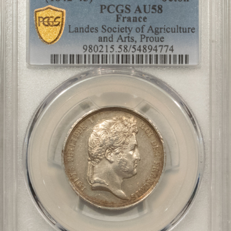 Exonumia FRANCE JETON 1842-45 LANDIS SOCIETY OF AGRICULTURE/ARTS 22mm SILVER, PCGS AU-58!