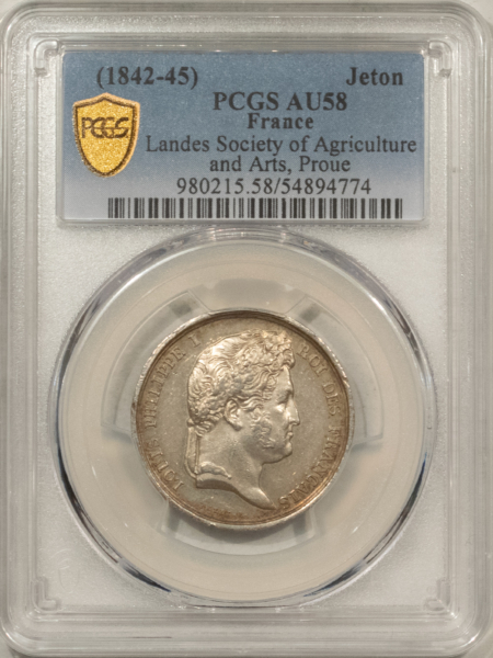 Exonumia FRANCE JETON 1842-45 LANDIS SOCIETY OF AGRICULTURE/ARTS 22mm SILVER, PCGS AU-58!