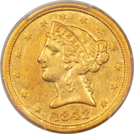 $5 1842-C $5 LIBERTY GOLD, LARGE DATE, PCGS AU-53, WELL STRUCK, STRONG MINT-MARK!