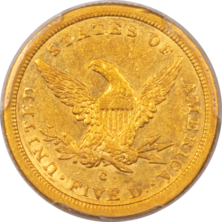 $5 1842-C $5 LIBERTY GOLD, LARGE DATE, PCGS AU-53, WELL STRUCK, STRONG MINT-MARK!