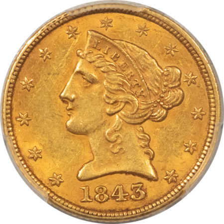 $5 1843 $5 LIBERTY GOLD, PCGS MS-61, MARK-FREE W/ SOFT GREEN-GOLD LUSTER; NICE!