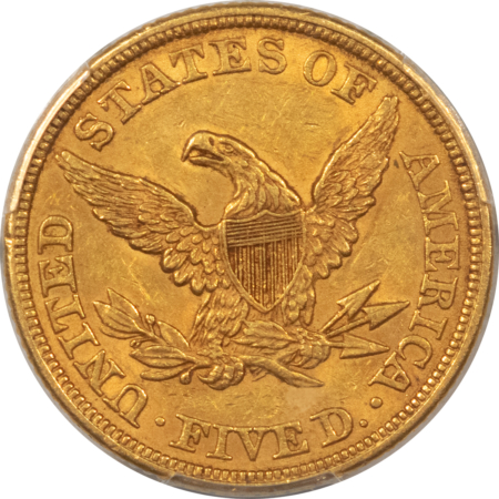 $5 1843 $5 LIBERTY GOLD, PCGS MS-61, MARK-FREE W/ SOFT GREEN-GOLD LUSTER; NICE!