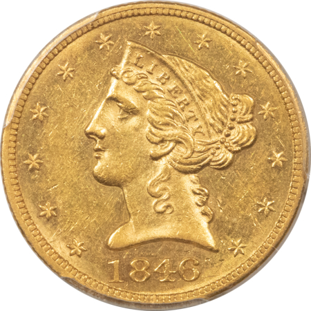 $5 1846 LARGE DATE $5 LIBERTY GOLD, NO MOTTO, PCGS AU-58, ATTRACTIVE & SEMI-PL!
