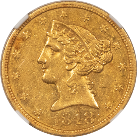 $5 1848 $5 LIBERTY GOLD, NO MOTTO, NGC AU-55, WELL STRUCK W/ RETAINED LUSTER!