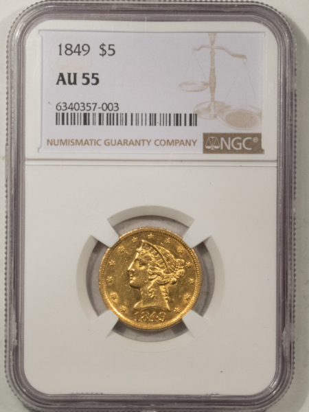 $5 1849 $5 LIBERTY GOLD, NO MOTTO, NGC AU-55, WELL STRUCK W/ RETAINED LUSTER!