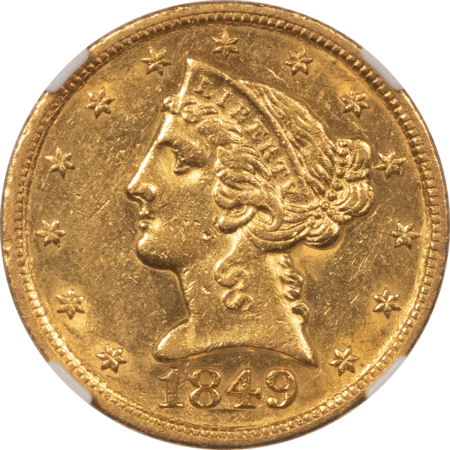 $5 1849 $5 LIBERTY GOLD, NO MOTTO, NGC AU-55, WELL STRUCK W/ RETAINED LUSTER!