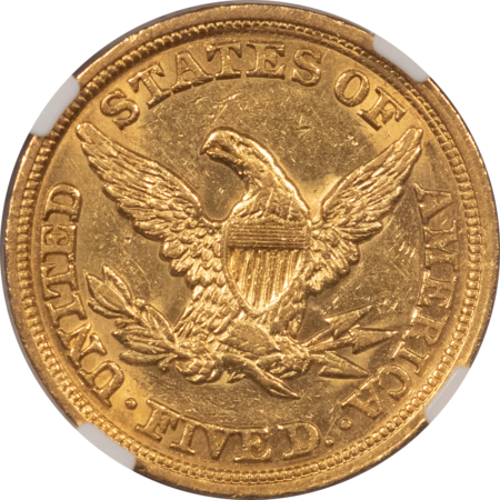 $5 1849 $5 LIBERTY GOLD, NO MOTTO, NGC AU-55, WELL STRUCK W/ RETAINED LUSTER!