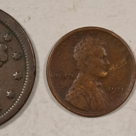 Braided Hair Large Cents 1850 LARGE CENT CIRC, 1911 LINCOLN 1c CIRC, 1945 MERC 10c UNC, LOT OF 3