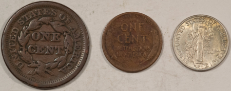 Braided Hair Large Cents 1850 LARGE CENT CIRC, 1911 LINCOLN 1c CIRC, 1945 MERC 10c UNC, LOT OF 3