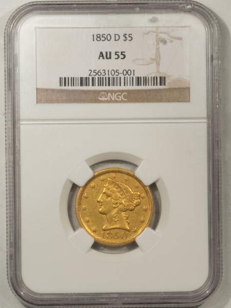 $5 1850-D $5 LIBERTY, NO MOTTO, NGC AU-55, WELL STRUCK DAHLONEGA W/ NO MAJOR MARKS!