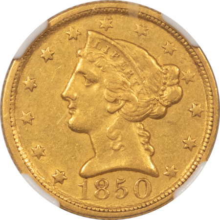 $5 1850-D $5 LIBERTY, NO MOTTO, NGC AU-55, WELL STRUCK DAHLONEGA W/ NO MAJOR MARKS!