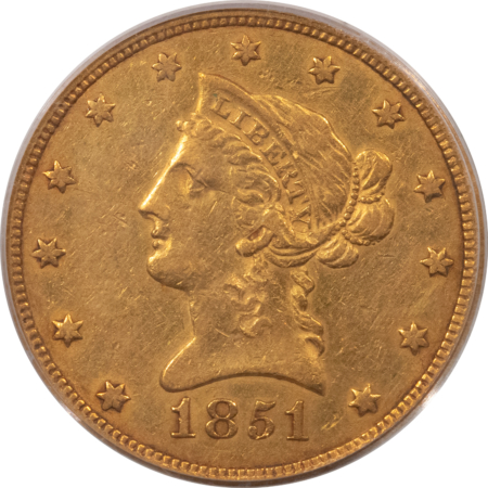 $10 1851 NO MOTTO $10 LIBERTY GOLD EAGLE – PCGS VF-35, NICE AFFORDABLE EARLY GOLD