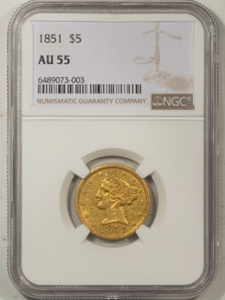 $5 1851 $5 LIBERTY GOLD, NO MOTTO, NGC AU-55