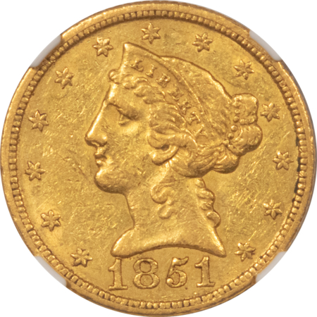 $5 1851 $5 LIBERTY GOLD, NO MOTTO, NGC AU-55