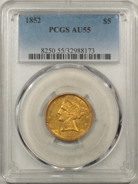 $5 1852 $5 LIBERTY HEAD GOLD HALF EAGLE, NO MOTTO – PCGS AU-55, FRESH & FLASHY!